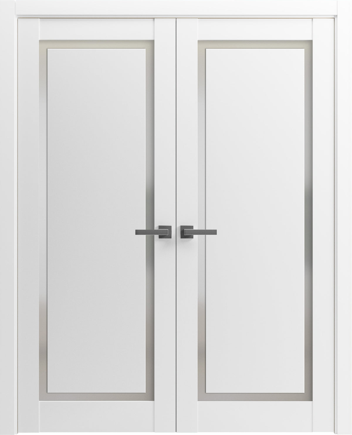 Solid French Double Doors | Planum 0888 Painted White with Frosted Glass | Wood Solid Panel Frame Trims | Closet Bedroom Sturdy Doors