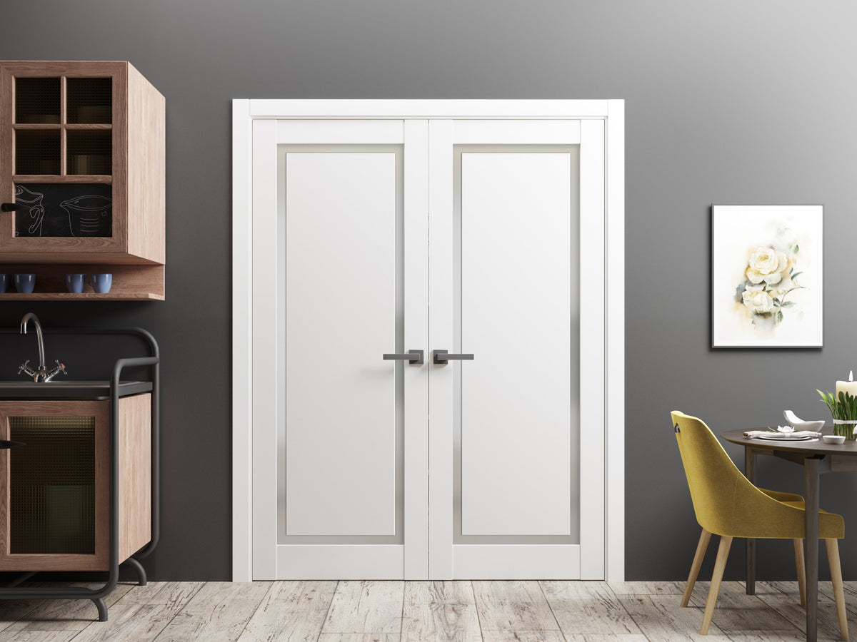 Solid French Double Doors | Planum 0888 Painted White with Frosted Glass | Wood Solid Panel Frame Trims | Closet Bedroom Sturdy Doors