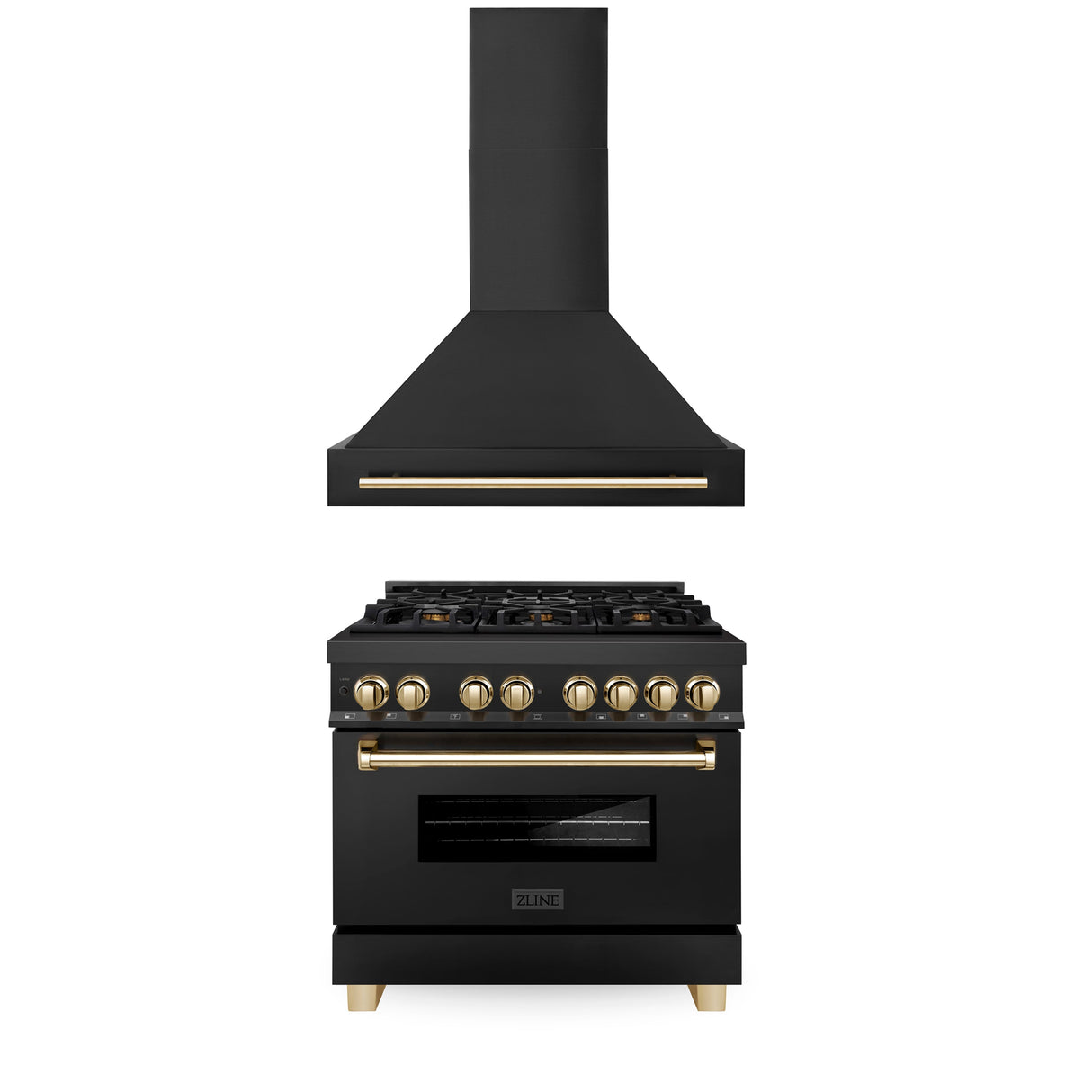 ZLINE 36" Autograph Edition Kitchen Package with Black Stainless Steel Dual Fuel Range and Range Hood with Polished Gold Accents (2AKP-RABRH36-G)