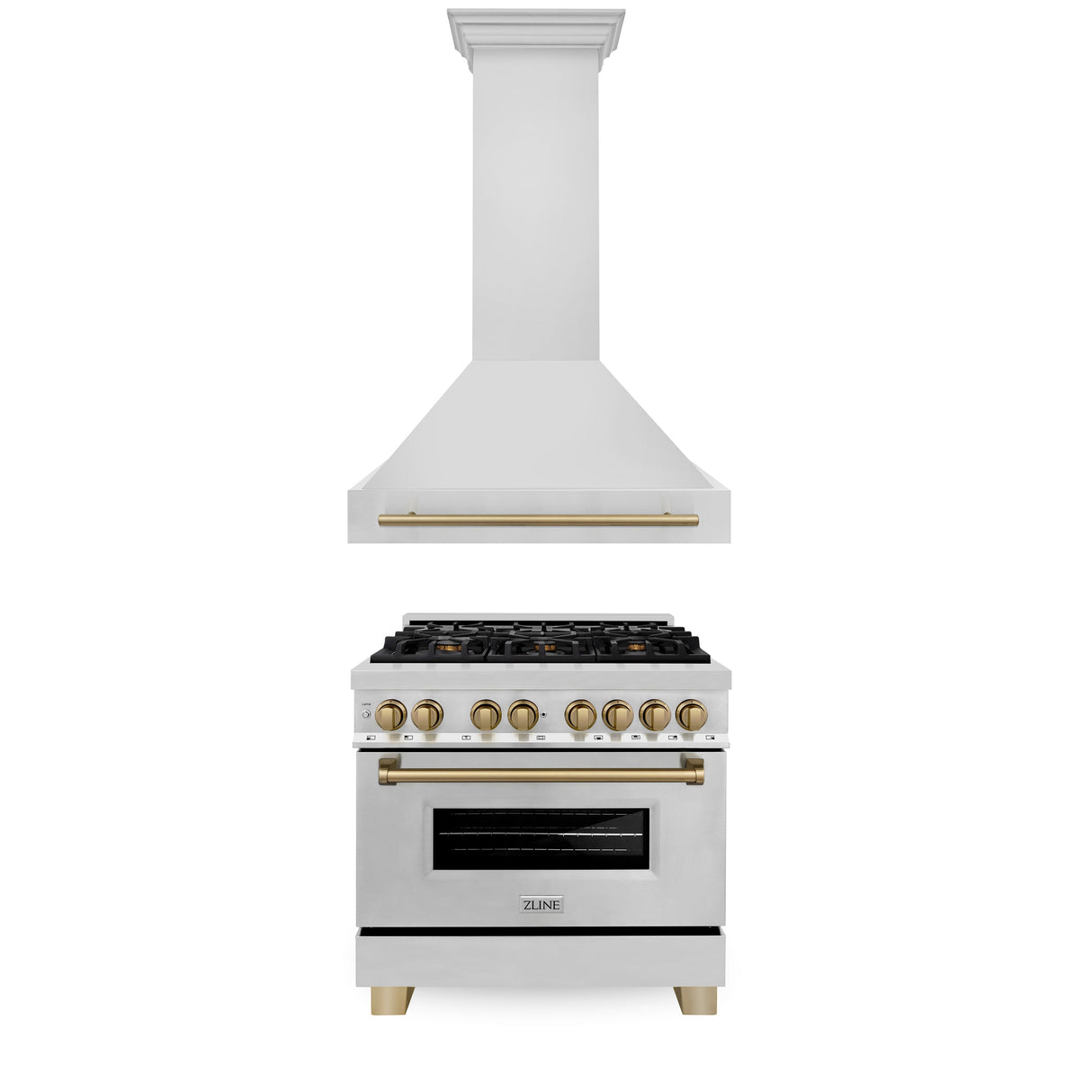ZLINE 36" Autograph Edition Kitchen Package with Stainless Steel Dual Fuel Range and Range Hood with Champagne Bronze Accents (2AKP-RARH36-CB)