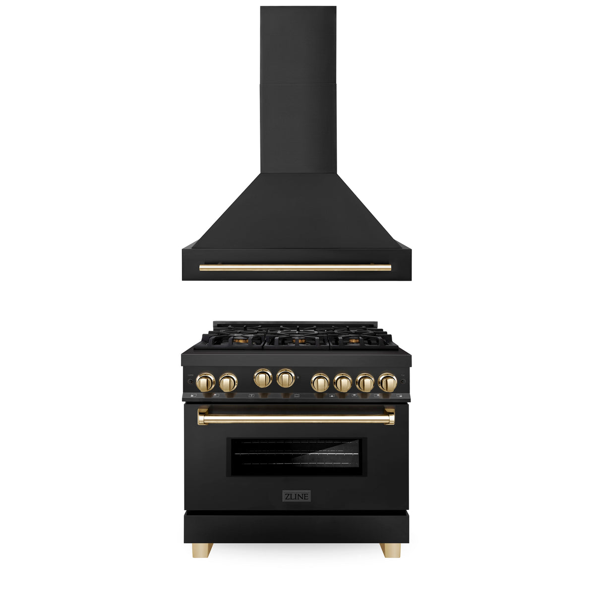 ZLINE 36" Autograph Edition Kitchen Package with Black Stainless Steel Gas Range and Range Hood with Polished Gold Accents (2AKP-RGBRH36-G)