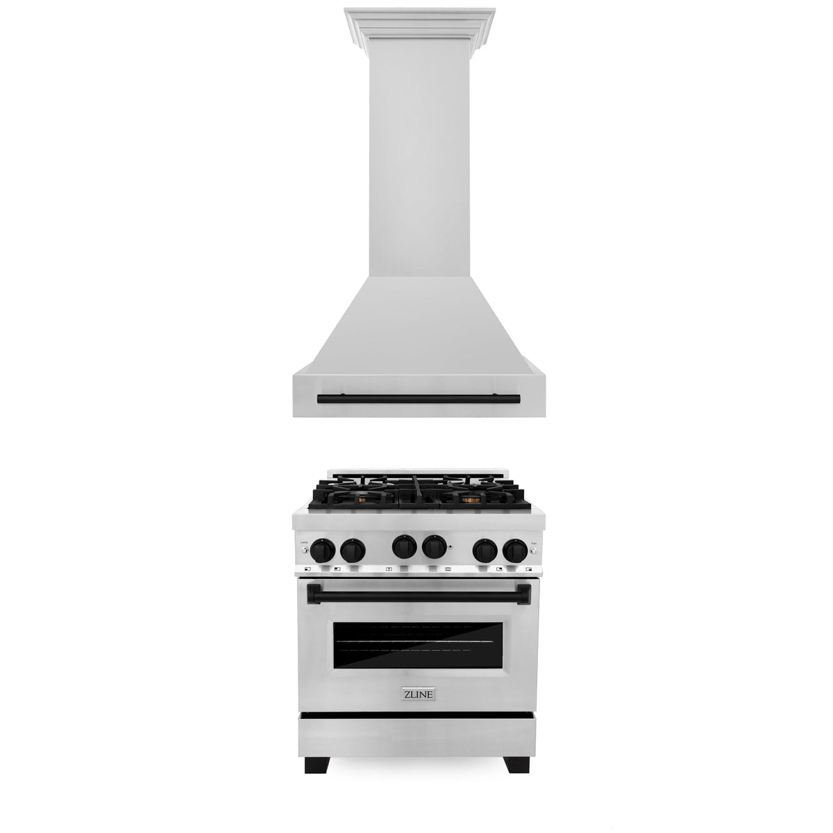 ZLINE 30" Autograph Edition Kitchen Package with Stainless Steel Gas Range and Range Hood with Matte Black Accents (2AKP-RGRH30-MB)