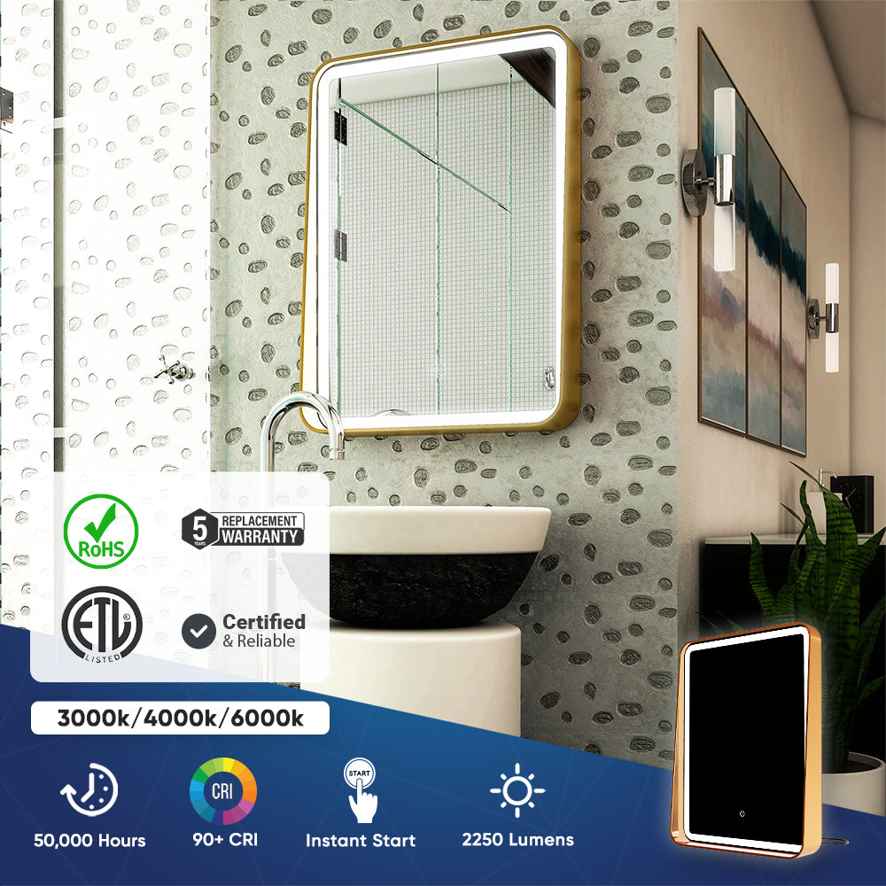 LED Lighted Bathroom Vanity Mirror With Shelf, Wall-Mounted, Touch Switch, Anti-Fog Adjustable Color Temperature & Remembrance, CRI 90+, Lighted Makeup Mirrors, Raven Style