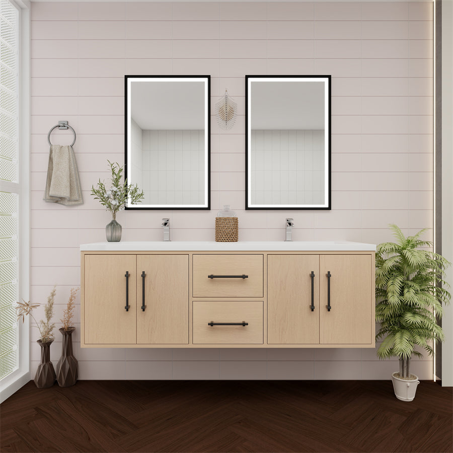 Victoria 60 In. Floating Double Sink Bathroom Vanity with Acrylic Sink Top & Soft Closing Doors & Drawers