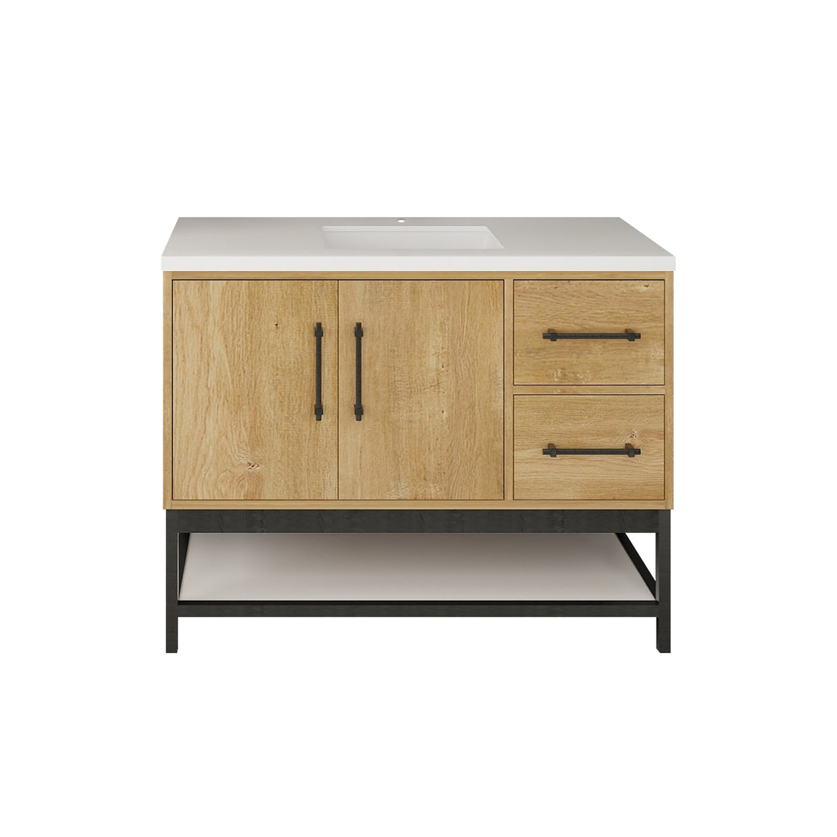 Victoria 42 In. Freestanding Single Sink Bathroom Vanity with Acrylic Sink Top, Open Shelf Storage & Right Side Drawers & Doors