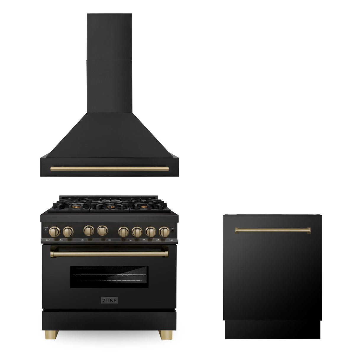 ZLINE 36" Autograph Edition Kitchen Package with Black Stainless Steel Gas Range, Range Hood and Dishwasher with Champagne Bronze Accents (3AKP-RGBRHDWV36-CB)