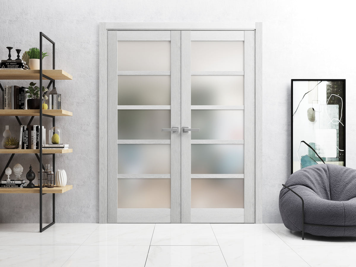 Solid French Double Doors | Quadro 4002 Light Grey Oak with Frosted Glass | Wood Solid Panel Frame Trims | Closet Bedroom Sturdy Doors