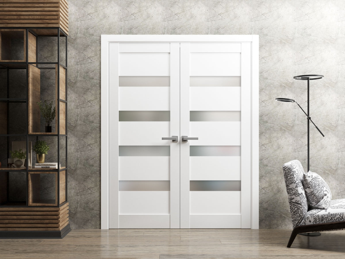 French Double Panel Lite Doors with Hardware | Quadro 4113 White Silk with Frosted Glass | Panel Frame Trims | Bathroom Bedroom Interior Sturdy Door