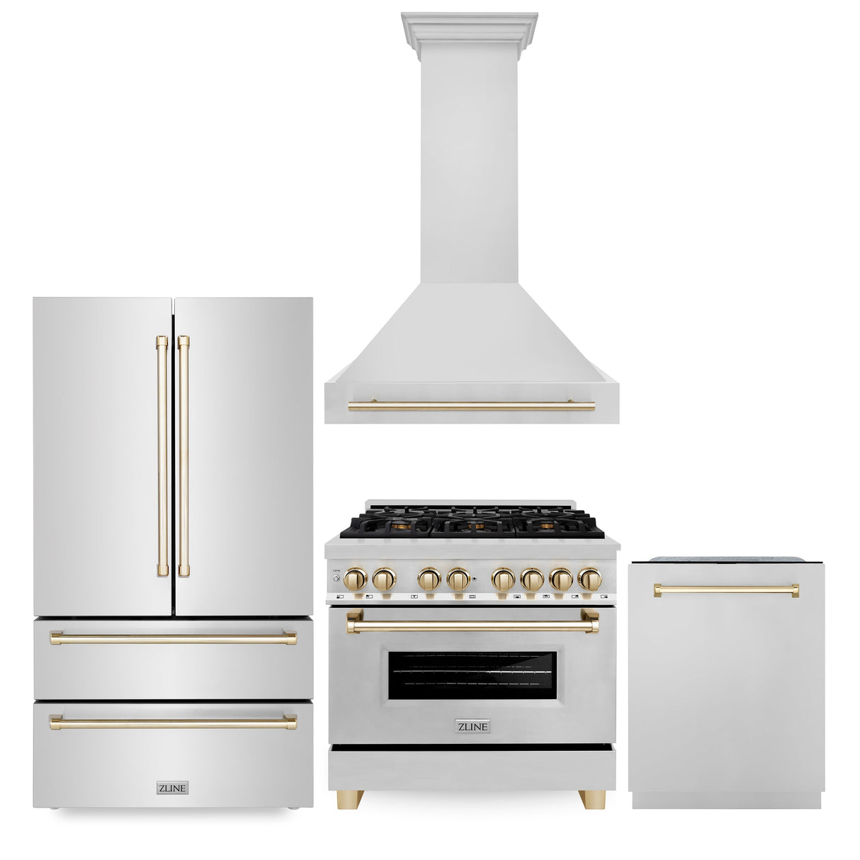 ZLINE 36" Autograph Edition Kitchen Package with Stainless Steel Dual Fuel Range, Range Hood, Dishwasher and Refrigeration with Polished Gold Accents (4KAPR-RARHDWM36-G)