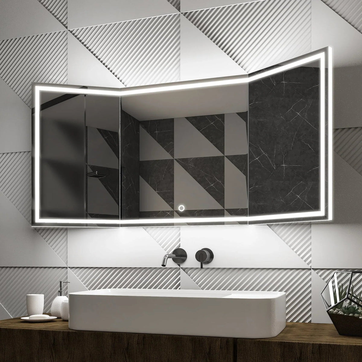 55.1 in. X 25.6 in. Backlit/Frontlit LED Lighted Bathroom Vanity Mirror with Pivoting Side Mirrors, Thin Plexiglass Edge, Anti Fog, Adjustable 3 - Color Temperature & Remembrance, Makeup Mirror, Touch Button, CRI 90+, Titan Style - BUILDMYPLACE