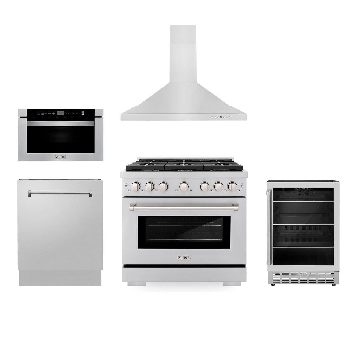 ZLINE 36" Kitchen Package with Stainless Steel Gas Range, Range Hood, Microwave Drawer, Tall Tub Dishwasher and Beverage Fridge (5KP-SGRRH36-MWDWV-RBV)