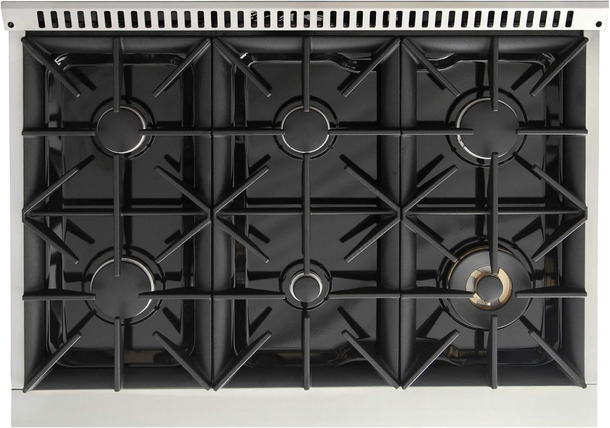 KUCHT Professional 36 in. 5.2 cu. ft. Dual Fuel Range for Natural Gas with Sealed Burners and Convection Oven in Stainless Steel with Gold Handle, Rings and Knobs.
