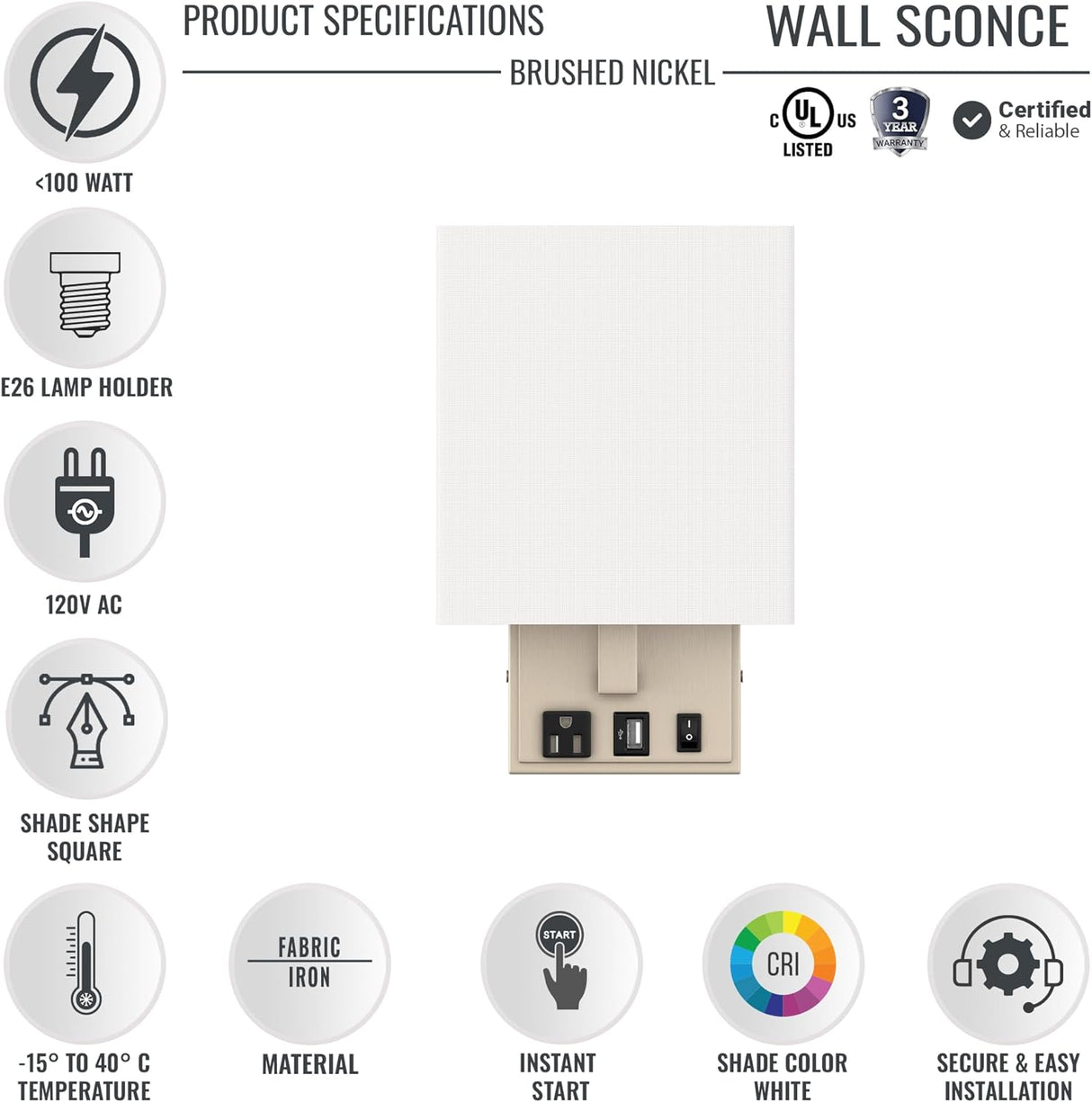 Modern LED Wall Sconce With 1 USB, 1 Switch, 1 Outlet - ETL Listed, Satin Nickel Finish W/ White shade