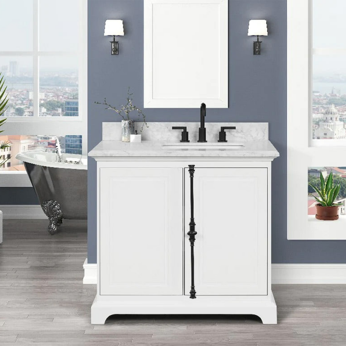 30" Icon Premium Freestanding Solid Wood White Bathroom Vanity with 1 In. Thick Premium Carrara Natural Marble Sink Top with 4 In. Backsplash