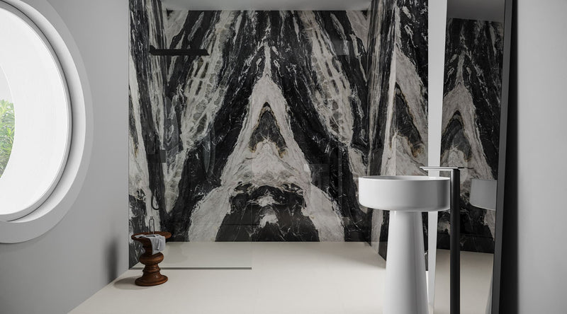 48 x 110 in Majesto Bianco Dior Bookmatch Cut Honed Rectified Colorsync Sintered Slab 6 mm installed