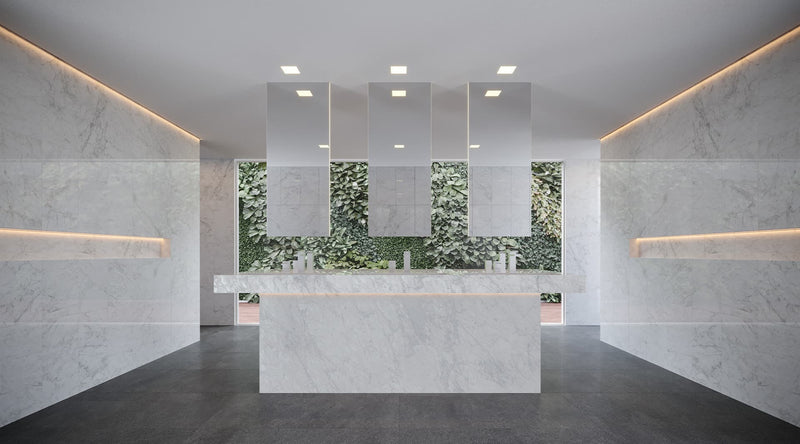 48 x 110 in Majesto Bianco Gioia Polished Rectified Colorsync Sintered Slab 6 mm installed