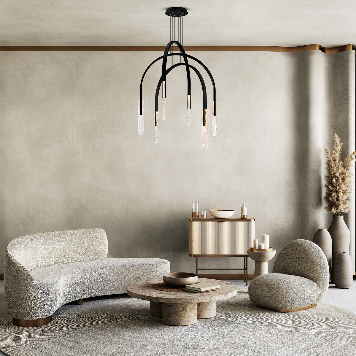 Curva Integrated LED 38in Black Chandelier with Handcrafted Glass