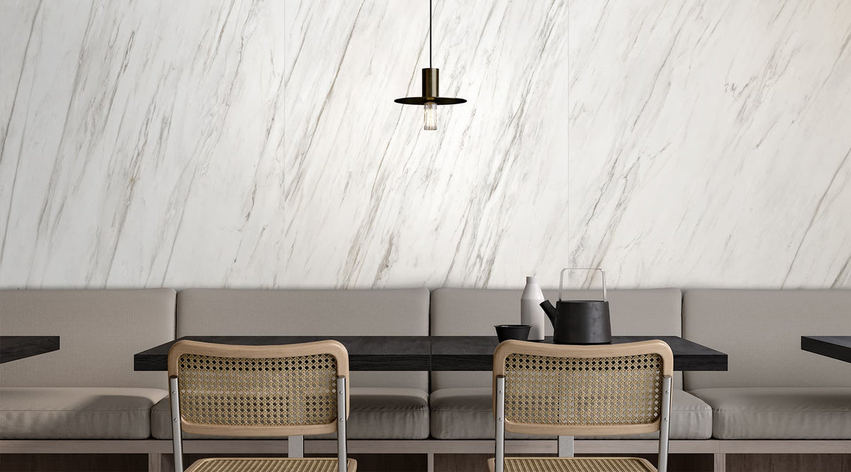 12 x 24 in Majesto Calacatta Cremo Honed Rectified Colorsync Porcelain Tile installed