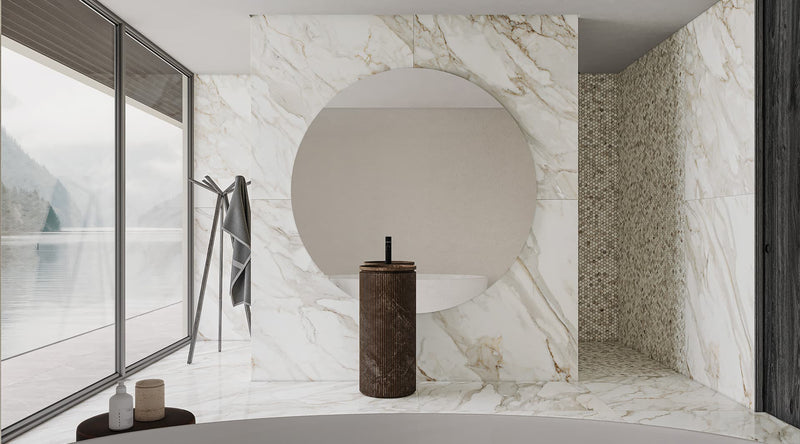 48 x 110 in Majesto Calacatta Oro Honed Rectified Colorsync Sintered Slab 6 mm installed