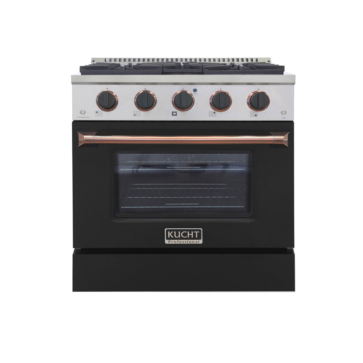 KUCHT Professional 30 in. 4.2 cu. ft. Dual Fuel Range for Natural Gas with Sealed Burners and Convection Oven in Stainless Steel with Black Oven Door Black Knobs and Gold Ring Knobs