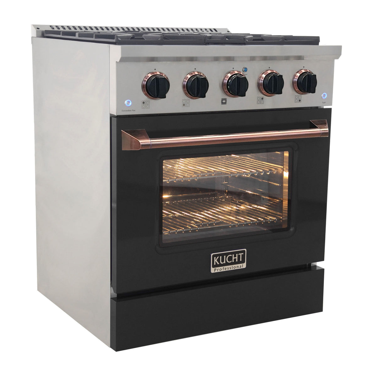 KUCHT Professional 30 in. 4.2 cu. ft. Dual Fuel Range for Propane Gas with Sealed Burners and Convection Oven in Stainless Steel with Black Oven Door Black Knobs and Gold Knob Rings