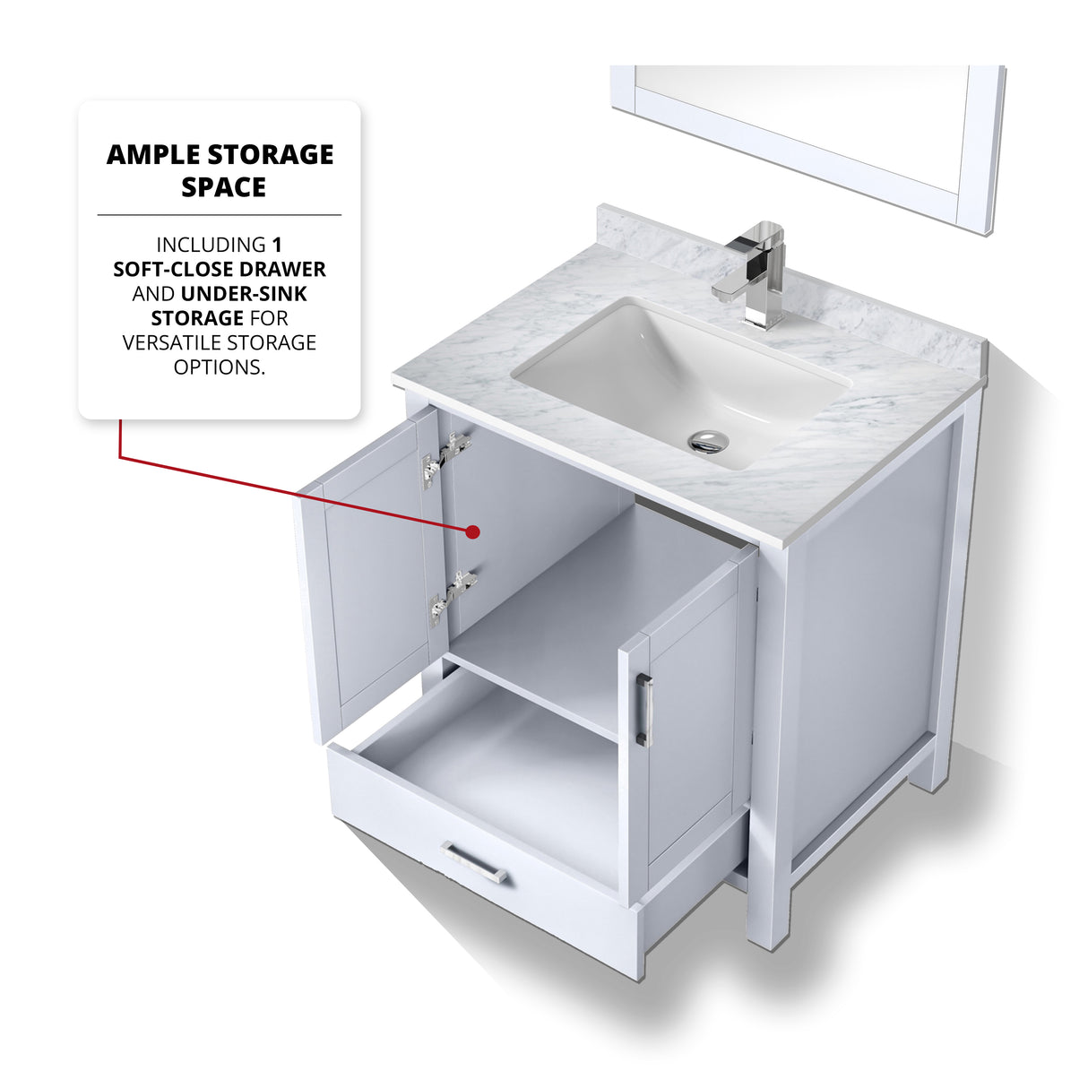 Jacques 30 in. Bathroom Freestanding Bathroom Vanity With Undermount Ceramic Sink, White Carrara Marble