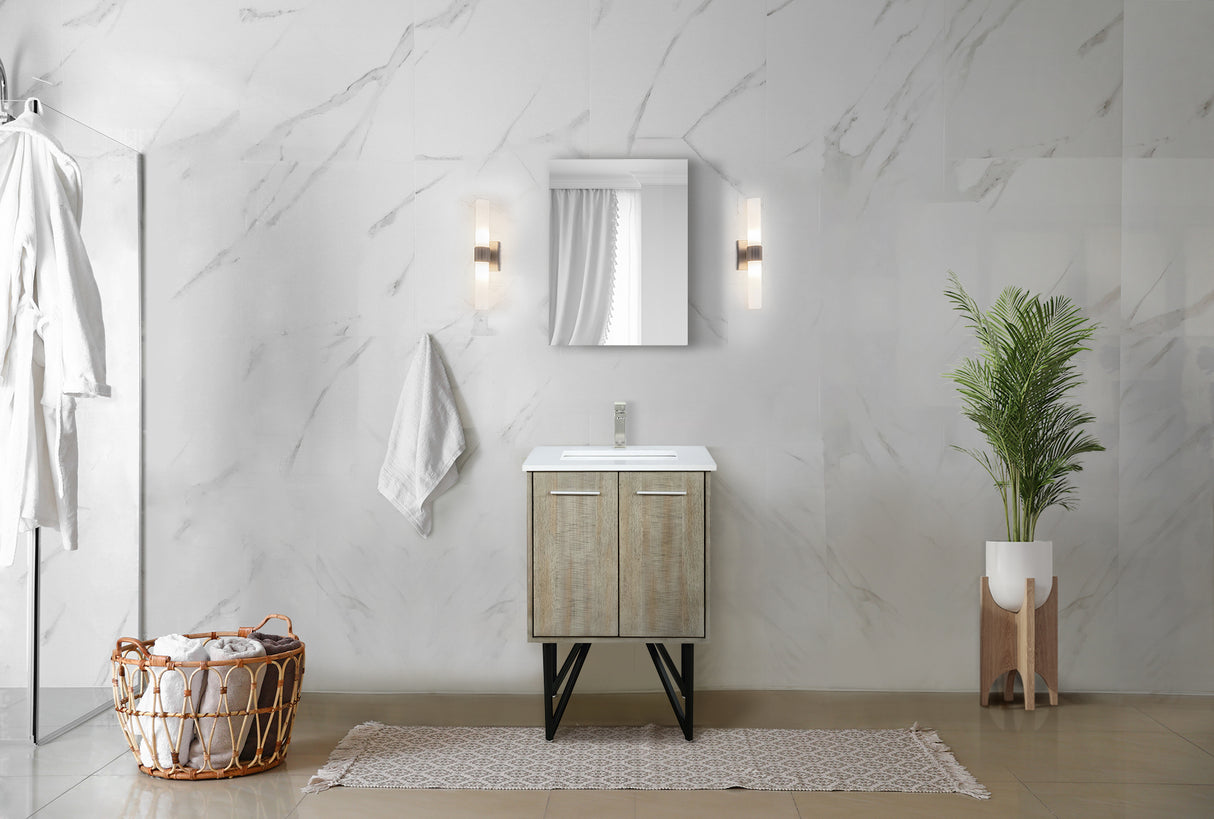 Lancy 24" Rustic Acacia Bathroom Vanity, White Quartz Top, White Square Sink, and 18" Frameless Mirror