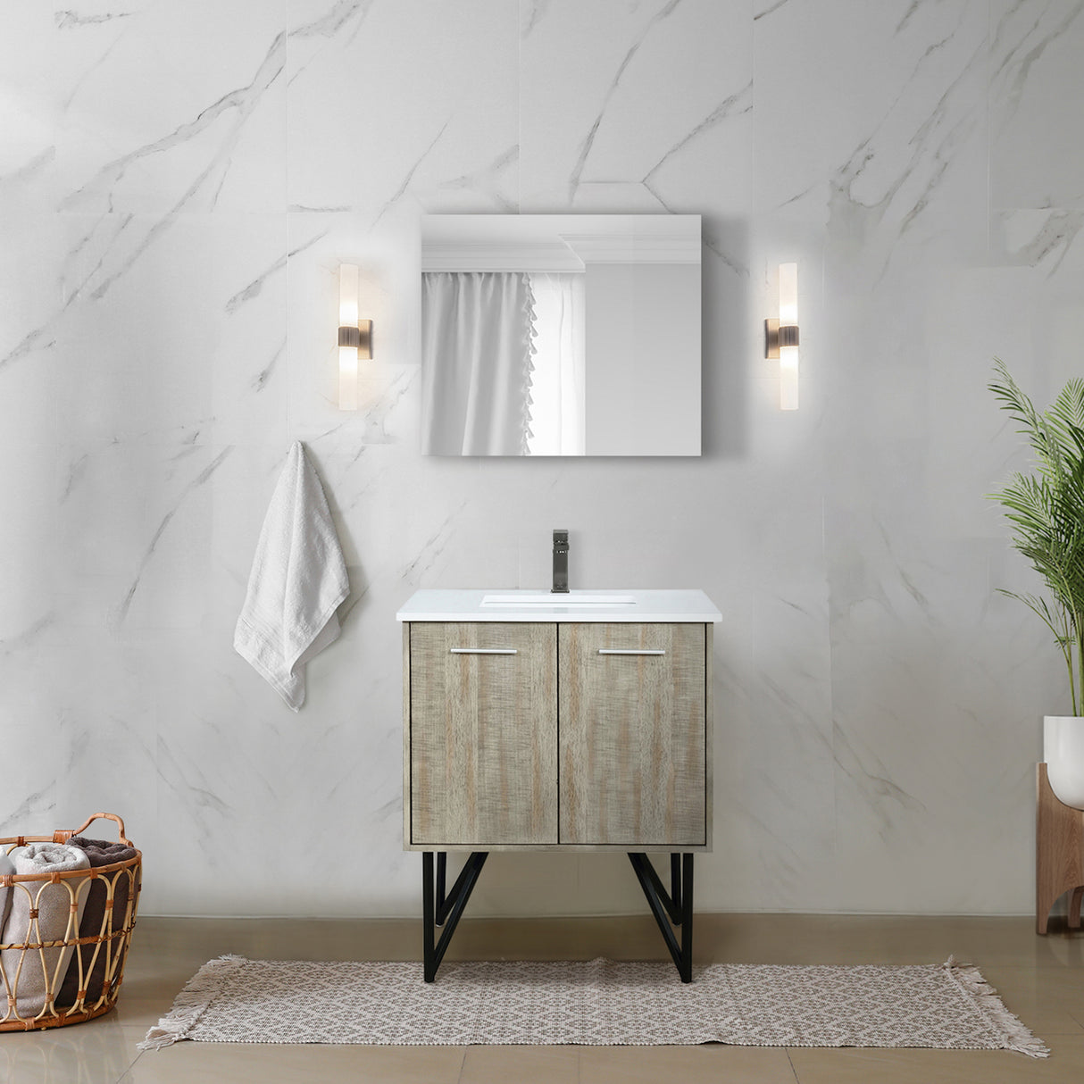 Lancy 30 in. Rustic Acacia Freestanding Bathroom Vanity with White Quartz Top, White Square Sink, and Balzani Gun Metal Faucet Set