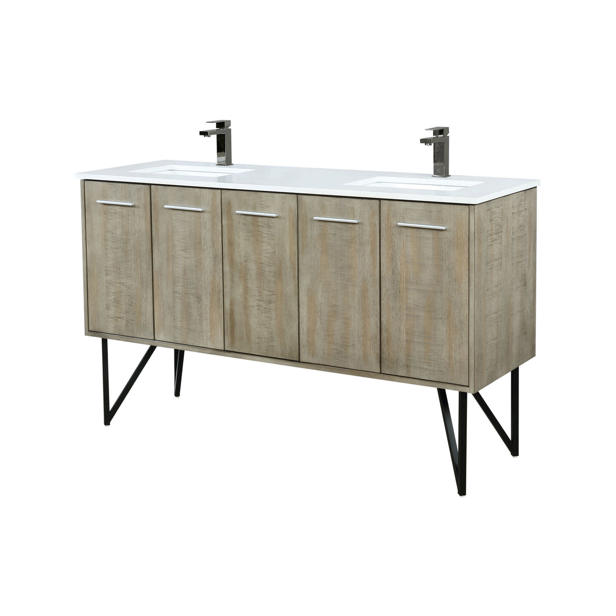 Lancy 60 in. Rustic Acacia Freestanding Bathroom Vanity with White Quartz Top, White Square Sink, and Balzani Gun Metal Faucet Set