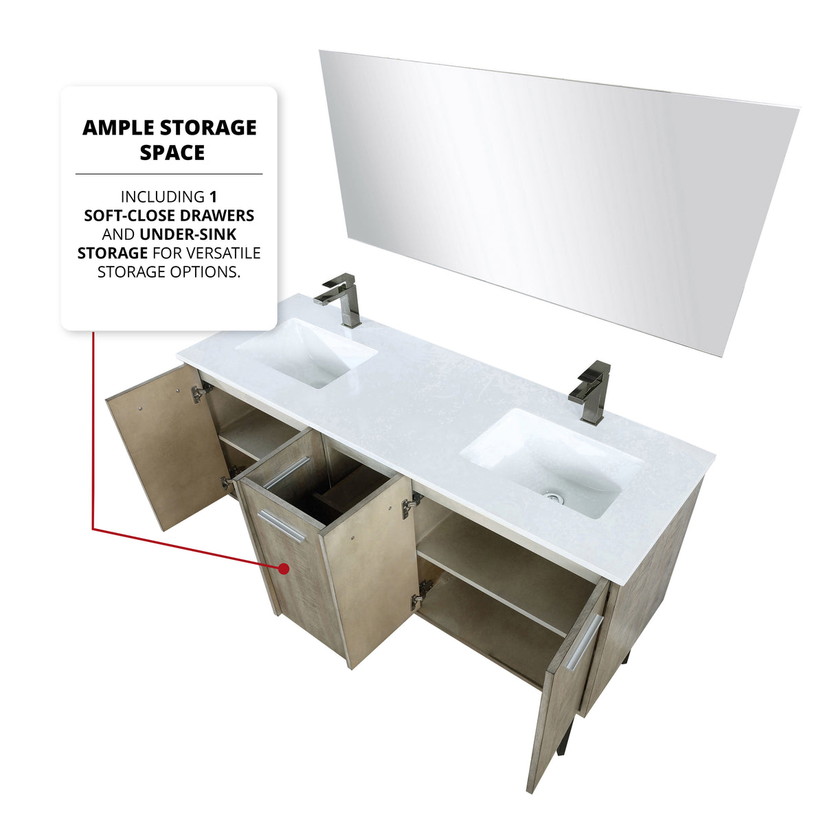 Lancy 60 in. Rustic Acacia Freestanding Bathroom Vanity with White Quartz Top, White Square Sink, and Balzani Gun Metal Faucet Set