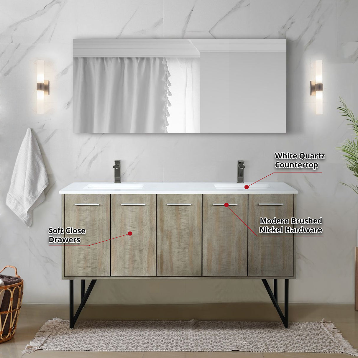Lancy 60 in. Rustic Acacia Freestanding Bathroom Vanity with White Quartz Top, White Square Sink, and Balzani Gun Metal Faucet Set