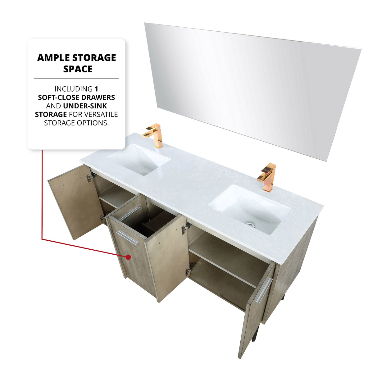 Lancy 60 in. Rustic Acacia Freestanding Bathroom Vanity with White Quartz Top, White Square Sink, and Monte Chrome Faucet Set