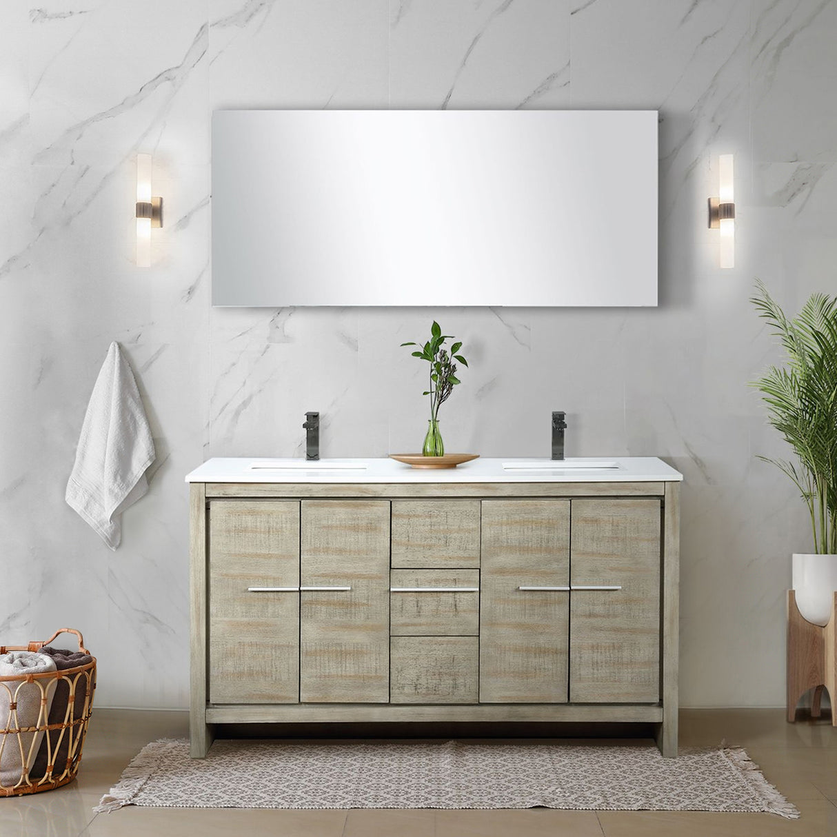 Lafarre 60 in. Rustic Acacia Freestanding Bathroom Vanity with White Quartz Top, White Square Sink, and Balzani Gun Metal Faucet Set