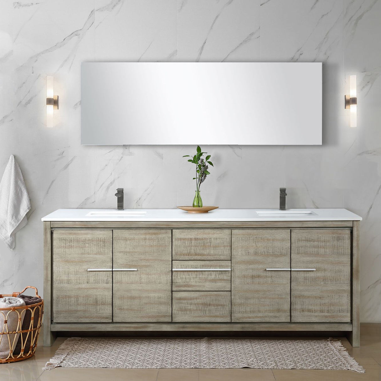 Lafarre 80 in. Rustic Acacia Freestanding Bathroom Vanity with White Quartz Top, White Square Sink, and Balzani Gun Metal Faucet Set