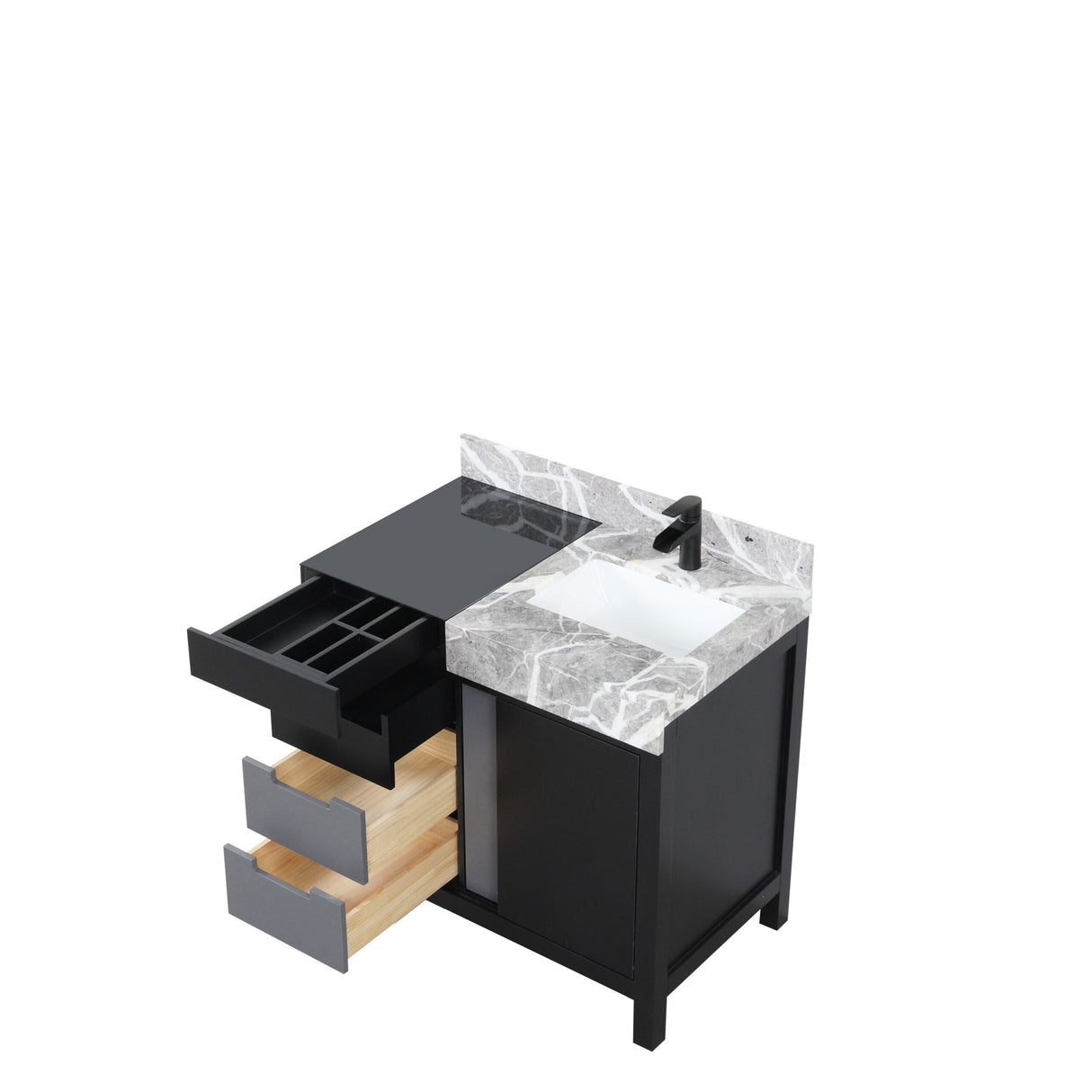Zilara 36 in. Black and Grey Freestanding Bathroom Vanity With Castle Grey Marble Top, White Square Sink, and Cascata Nera Matte Black Faucet