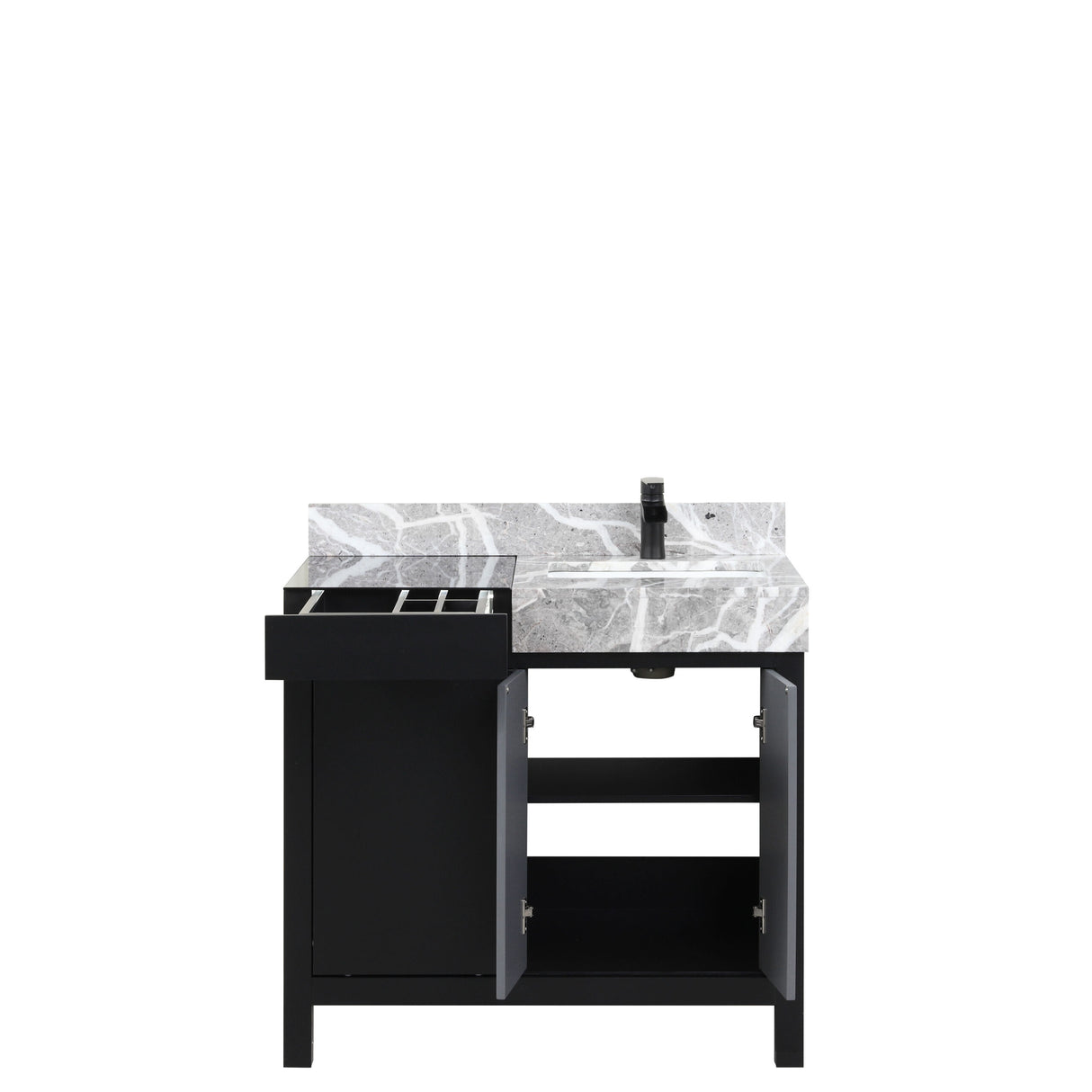 Zilara 36 in. Black and Grey Freestanding Bathroom Vanity With Castle Grey Marble Top, White Square Sink, and Cascata Nera Matte Black Faucet