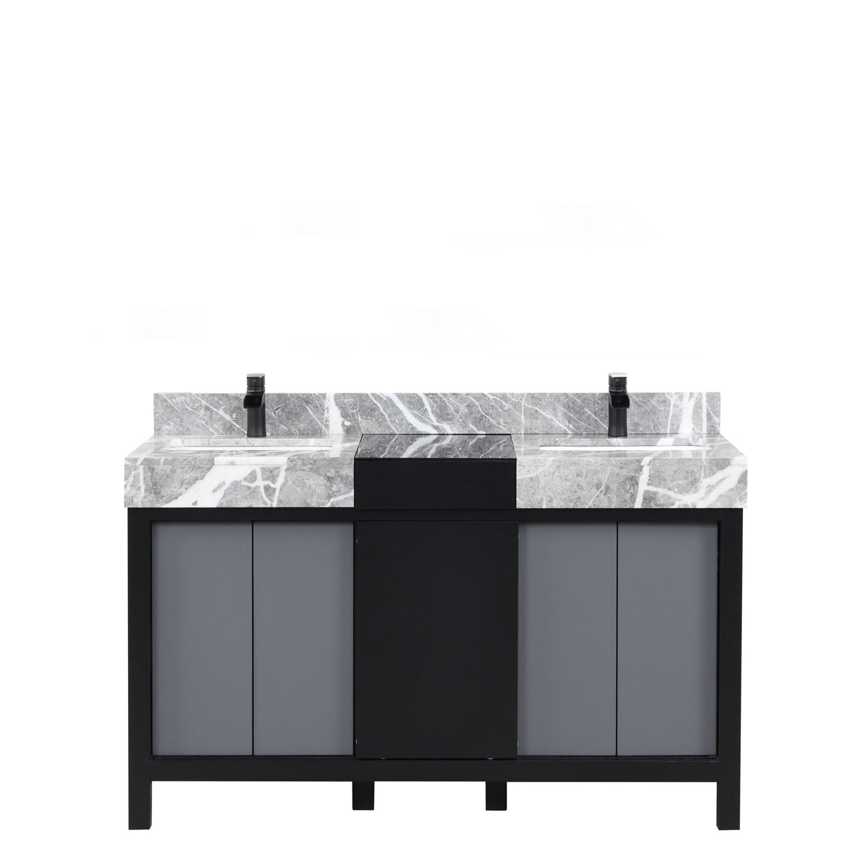 Zilara 55 in. Black and Grey Freestanding Bathroom Vanity With Castle Grey Marble Tops, White Square Sinks, and Cascata Nera Matte Black Faucet Set