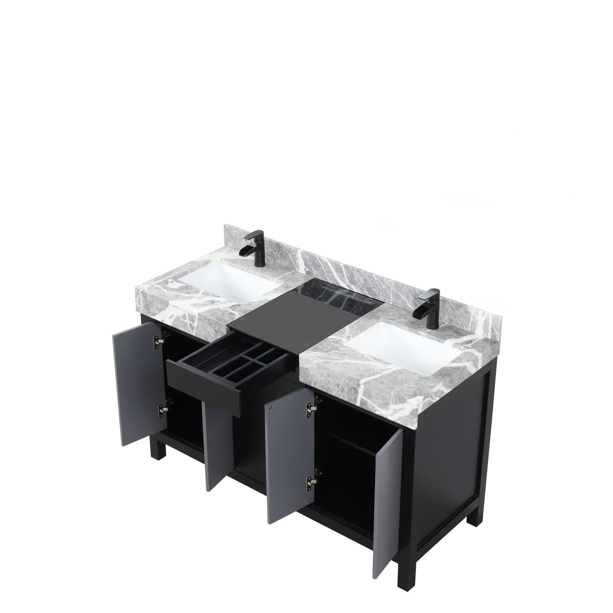 Zilara 55 in. Black and Grey Freestanding Bathroom Vanity With Castle Grey Marble Tops, White Square Sinks, and Cascata Nera Matte Black Faucet Set