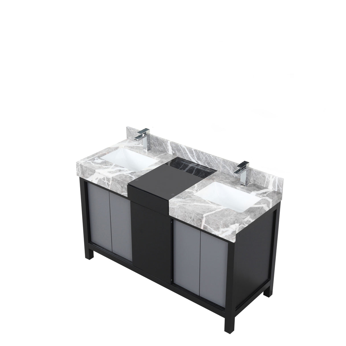 Zilara 55 in. Black and Grey Freestanding Bathroom Vanity With Castle Grey Marble Tops, White Square Sinks, and Monte Chrome Faucet Set