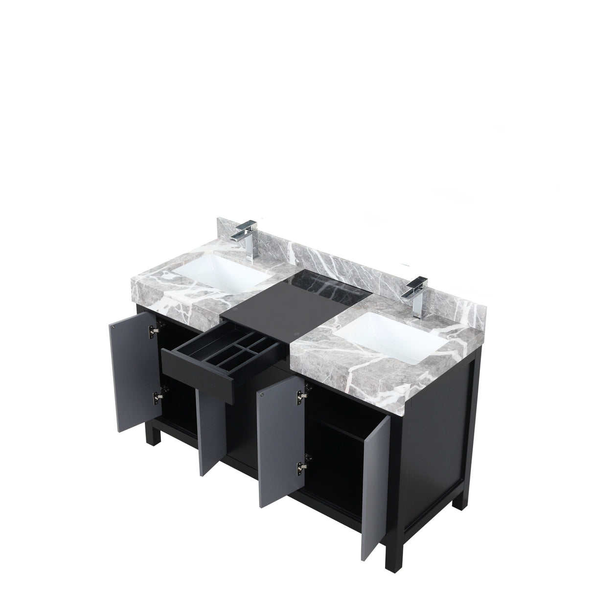 Zilara 55 in. Black and Grey Freestanding Bathroom Vanity With Castle Grey Marble Tops, White Square Sinks, and Monte Chrome Faucet Set