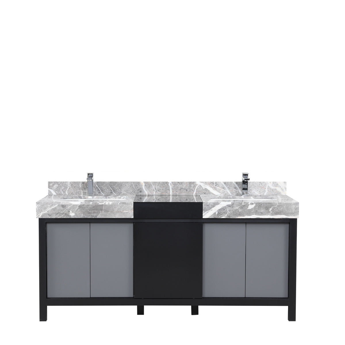 Zilara 72 in. Black and Grey Freestanding Bathroom Vanity With Castle Grey Marble Tops, White Square Sinks, and Monte Chrome Faucet Set