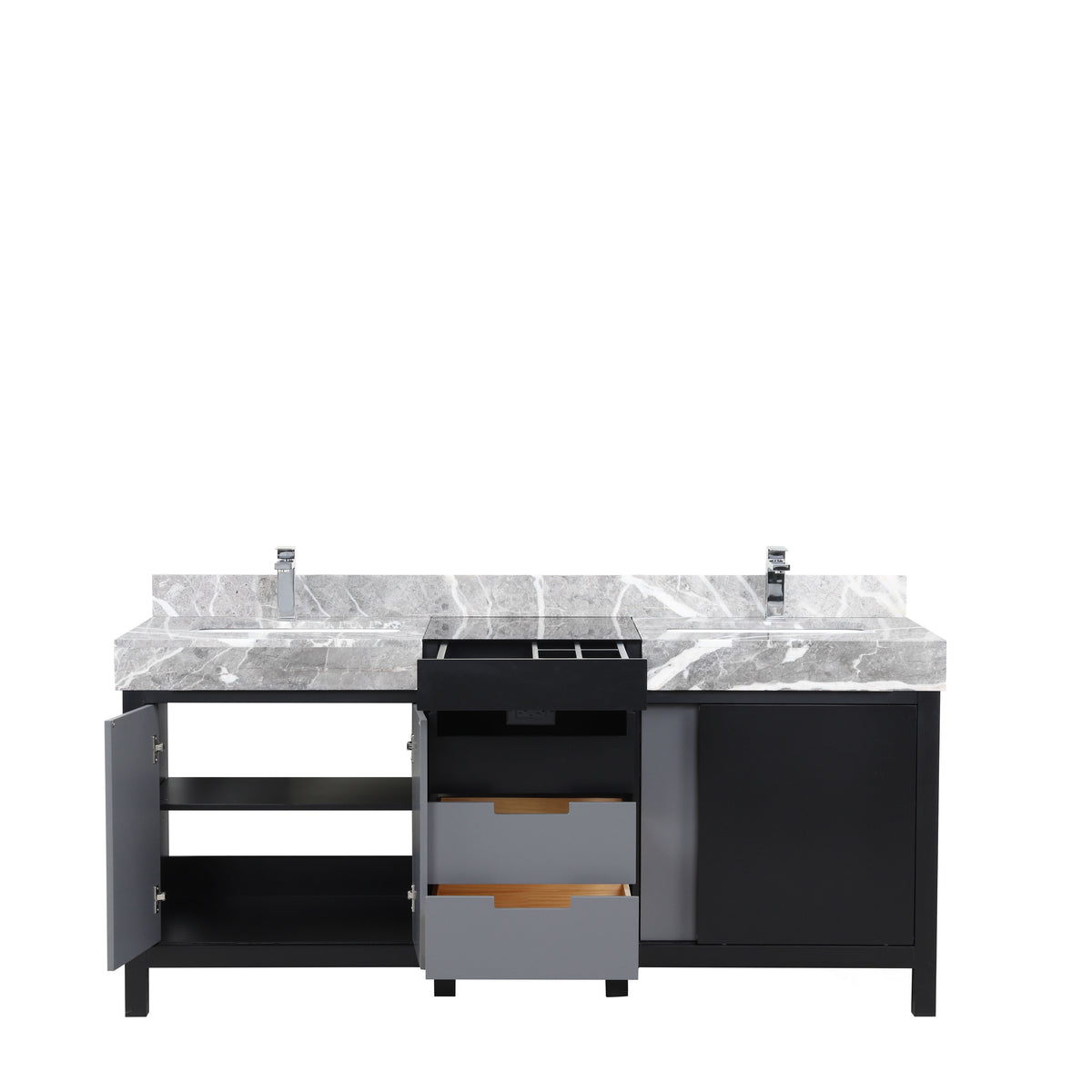 Zilara 72 in. Black and Grey Freestanding Bathroom Vanity With Castle Grey Marble Tops, White Square Sinks, and Monte Chrome Faucet Set