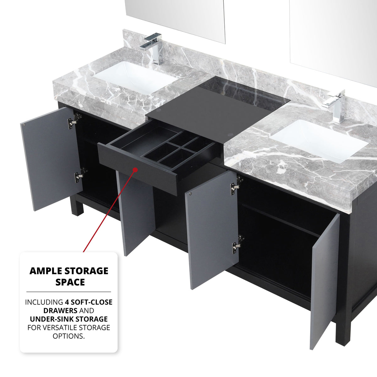 Zilara 72 in. Black and Grey Freestanding Bathroom Vanity With Castle Grey Marble Tops, White Square Sinks, and Monte Chrome Faucet Set