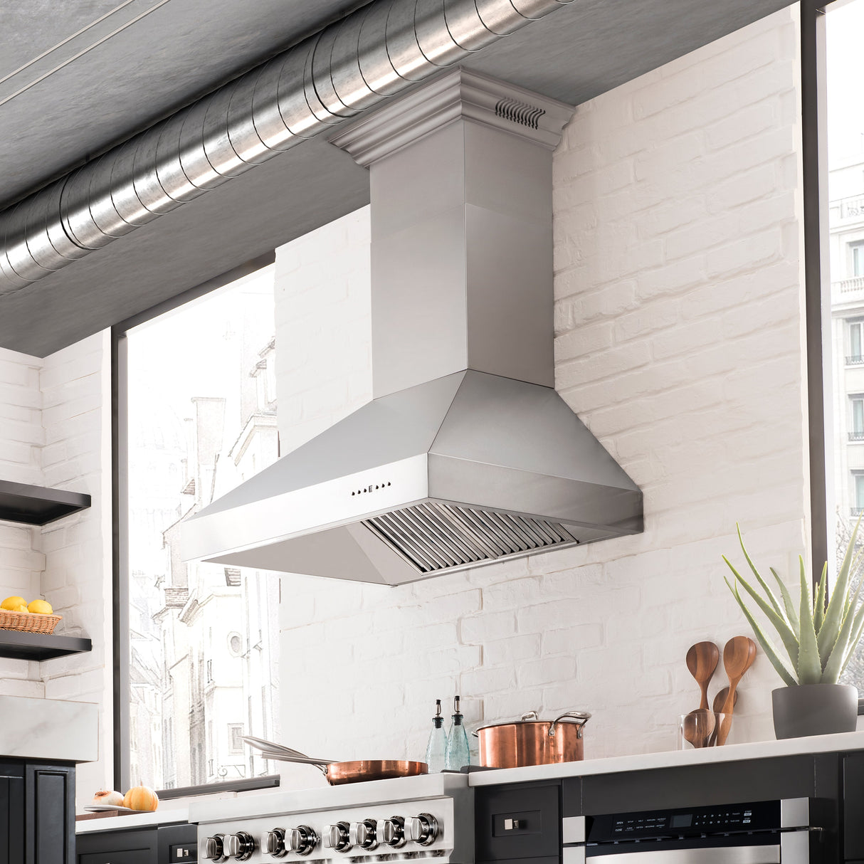 54" ZLINE CrownSound™Ducted Vent Professional Wall Mount Range Hood in Stainless Steel with Built-in Bluetooth Speakers (697CRN-BT-54)