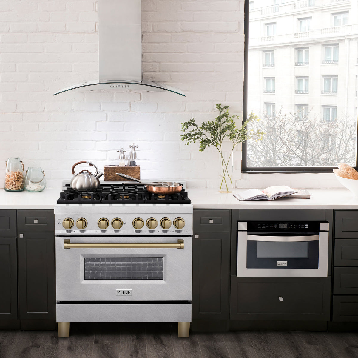 ZLINE Autograph Edition 36 in. 4.6 cu. ft. Legacy Dual Fuel Range with 6 Burner Gas Cooktop and Electric Convection Oven in Satin Stainless Steel and Champagne Bronze Accents (RASZ-SN-36-CB)