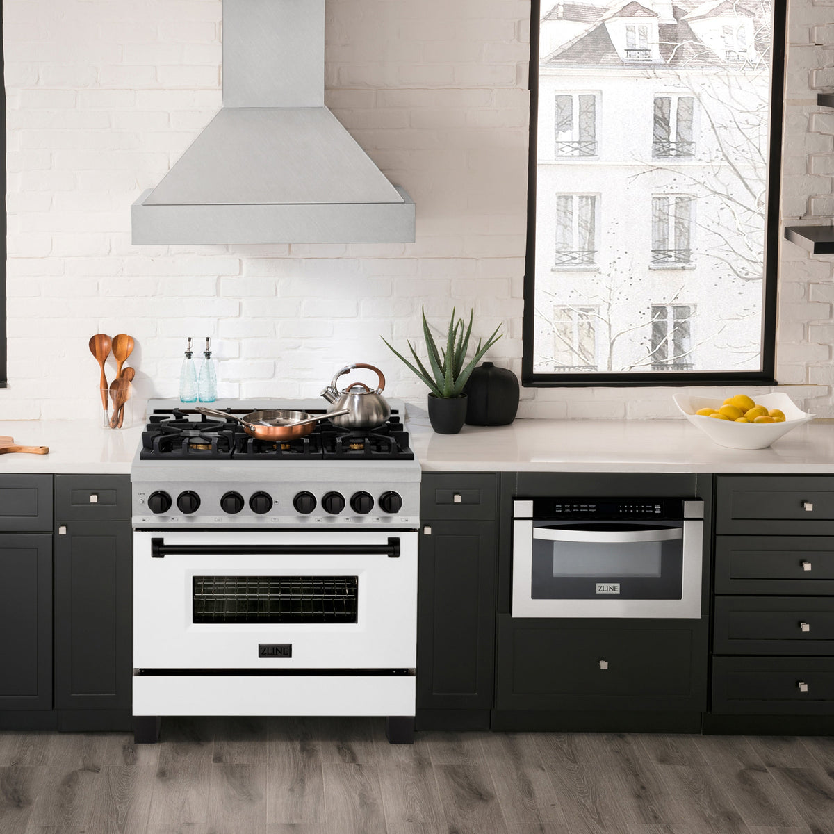 ZLINE Autograph Edition 36 in. 4.6 cu. ft. Legacy Dual Fuel Range with 6 Burner Gas Cooktop and Electric Convection Oven in Satin Stainless Steel with White Matte Door and Matte Black Accents (RASZ-WM-36-MB)