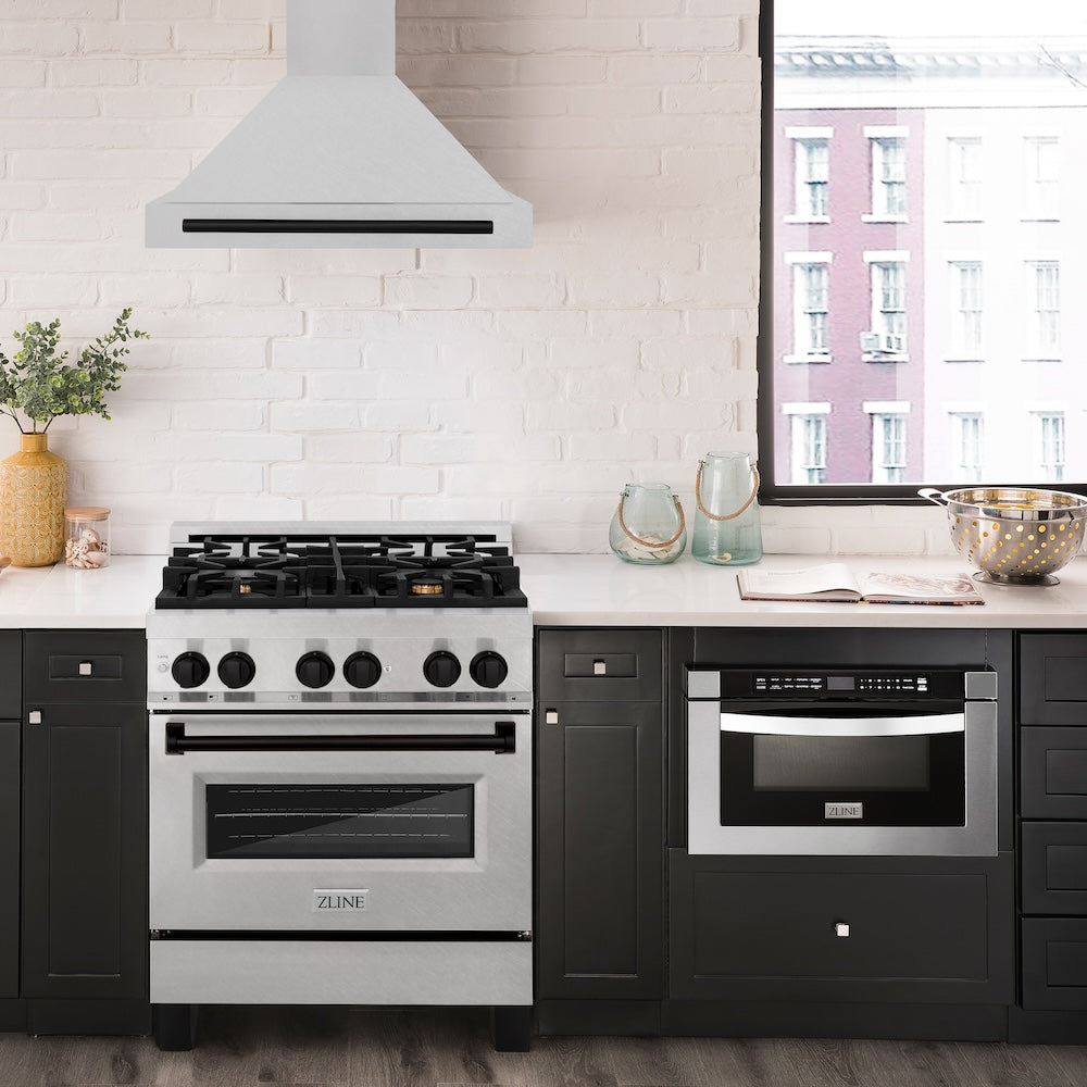 ZLINE 30 in. Autograph Edition Convertible Fingerprint Resistant DuraSnow® Stainless Steel Range Hood with Matte Black Handle (KB4SNZ-30-MB)
