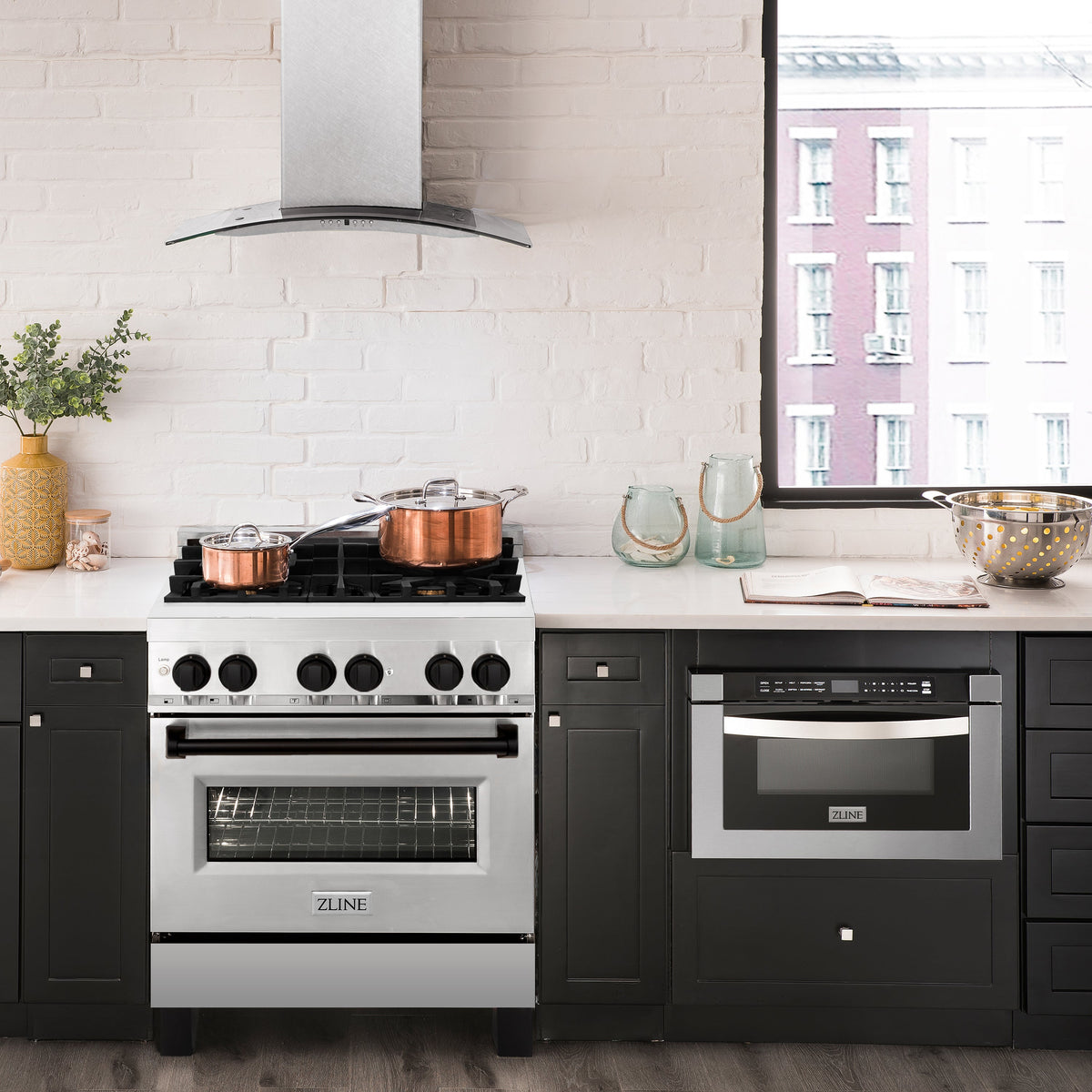 ZLINE Autograph Edition 30 in. 4.0 cu. ft. Legacy Dual Fuel Range with 4 Burner Gas Cooktop and Electric Convection Oven in Stainless Steel and Matte Black Accents (RAZ-30-MB)