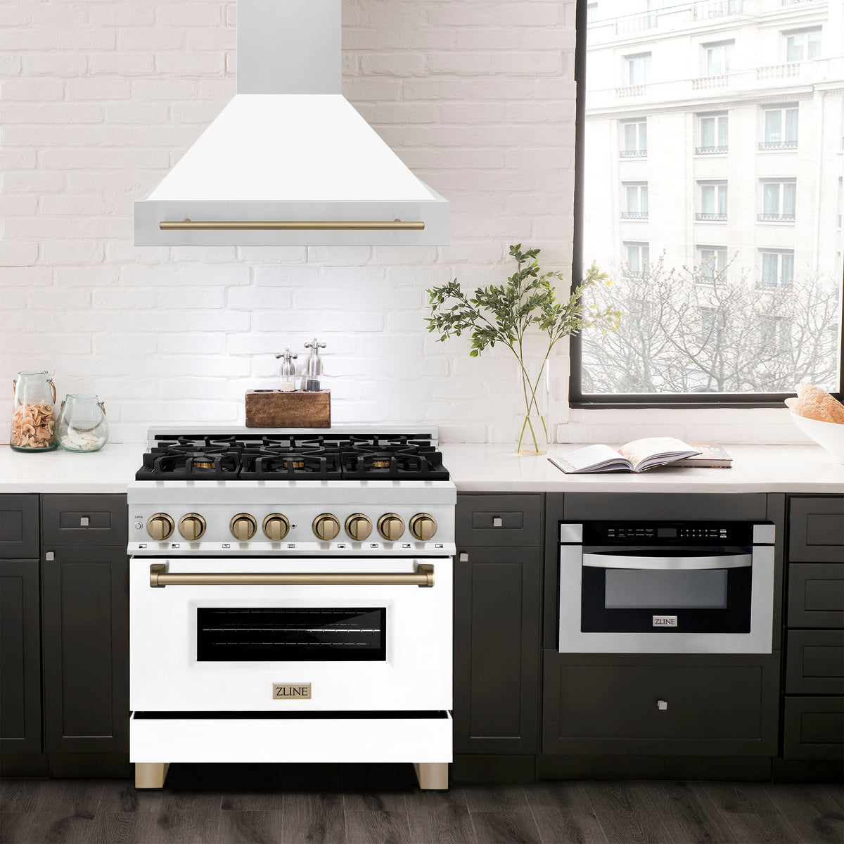 ZLINE Autograph Edition 36" Stainless Steel Range Hood with White Matte Shell and Champagne Bronze Handle (8654STZ-WM36-CB)