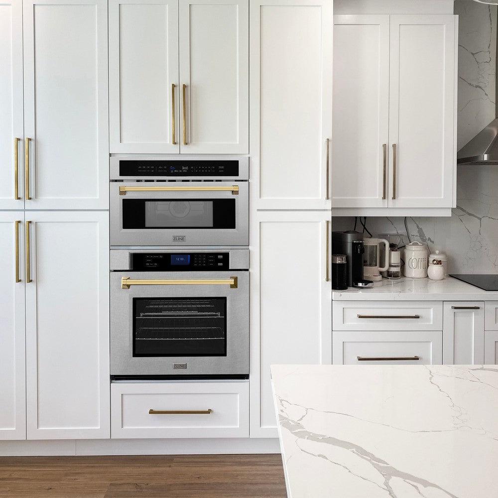 ZLINE Autograph Edition 30 in. 1.6 cu ft. Built-in Convection Microwave Oven in Satin Stainless Steel and Polished Gold Accents (MWOZ-30-SS-G)